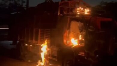 Image of a vehicle getting torched. Hyderabad: Vehicle carrying animal waste torched in Jalpally